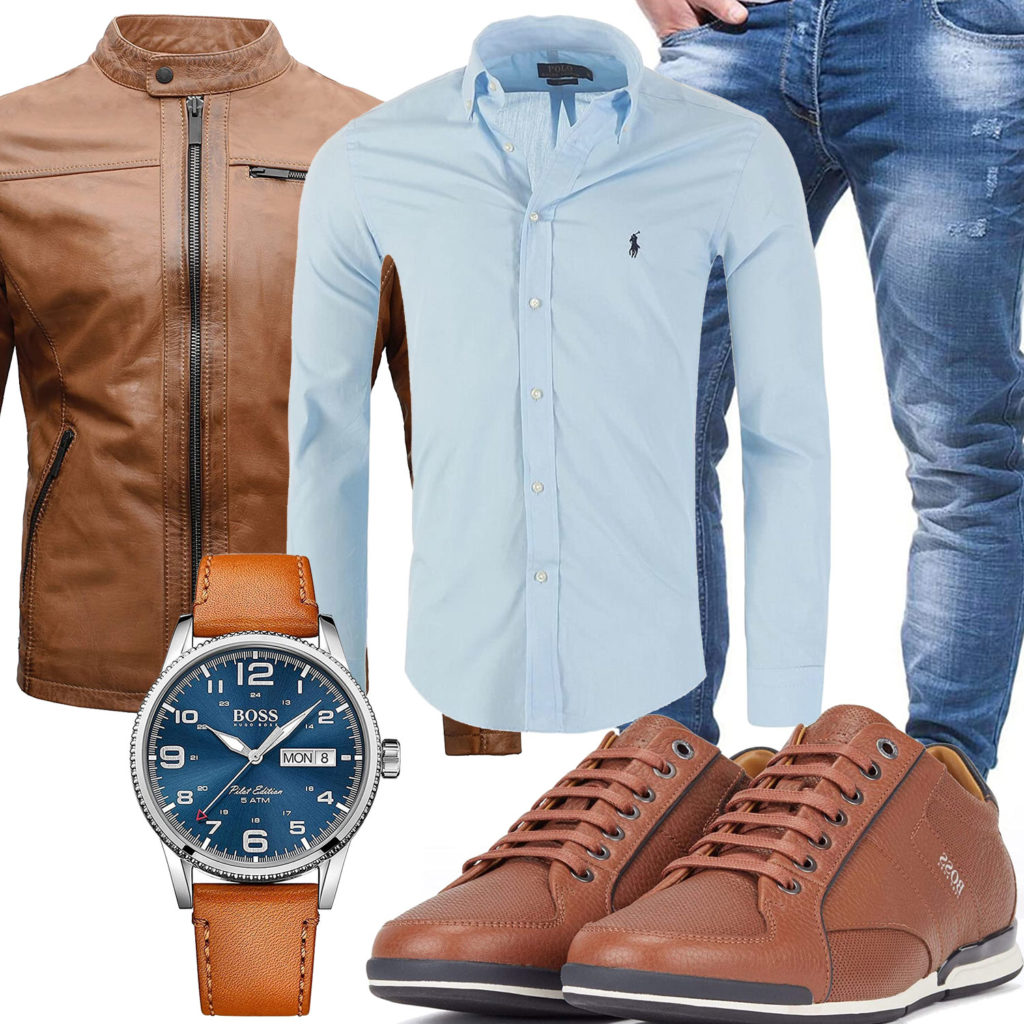 Männer-Style mit hellbrauner Lederjacke und Sneakern