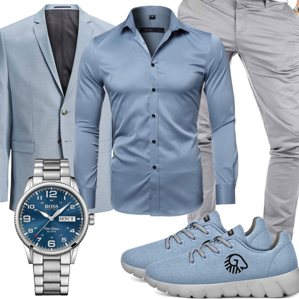 Blau-Graues Herrenoutfit mit Uhr und Sneakern