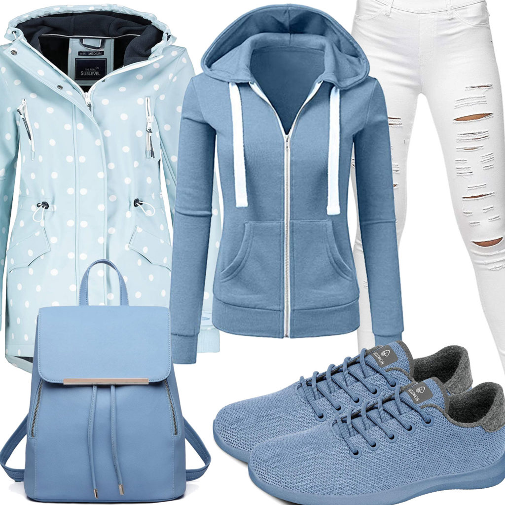 Hellblauer Frauen-Style mit Kapuzenpullover und Rucksack