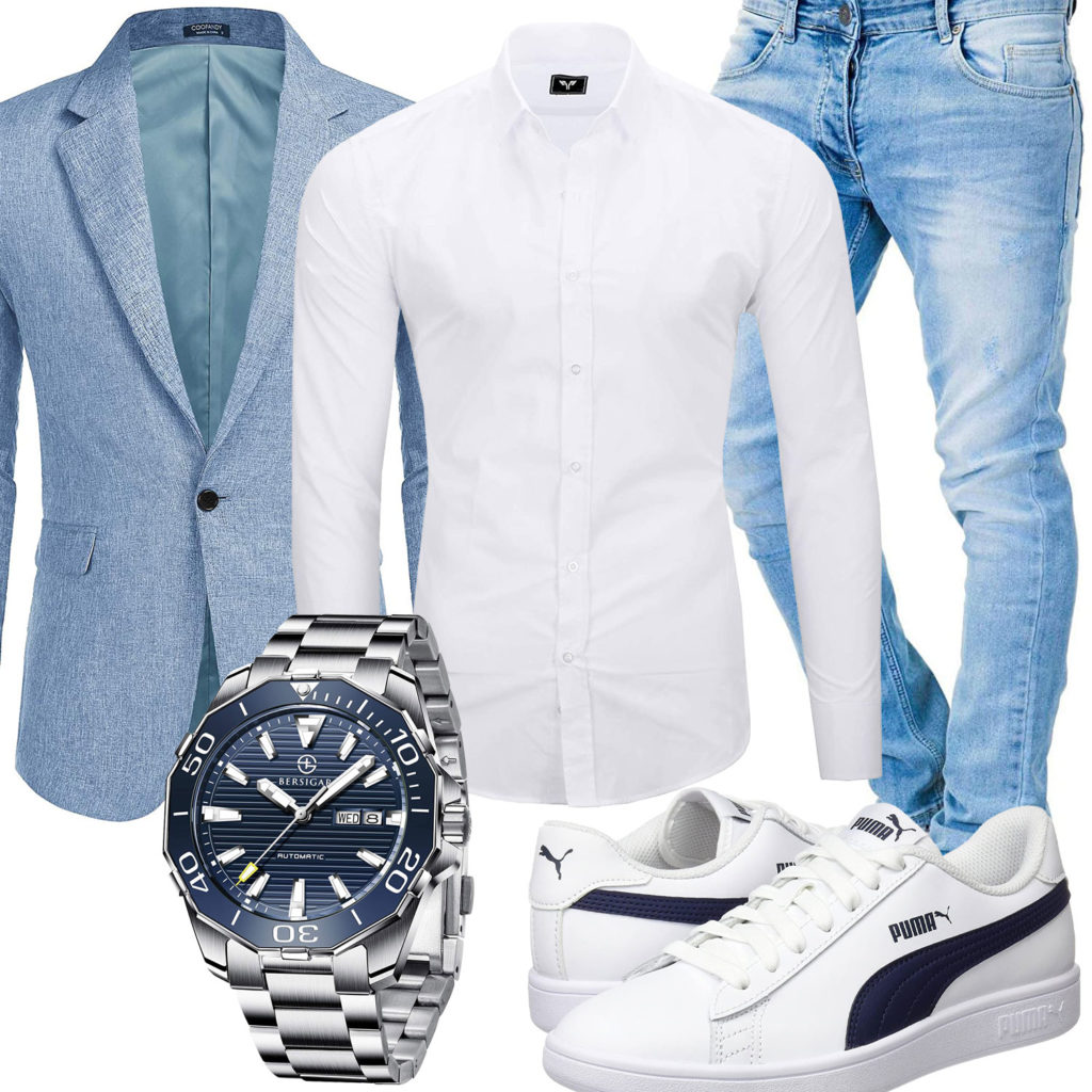 Business-Style mit hellblauem Sakko und Jeans