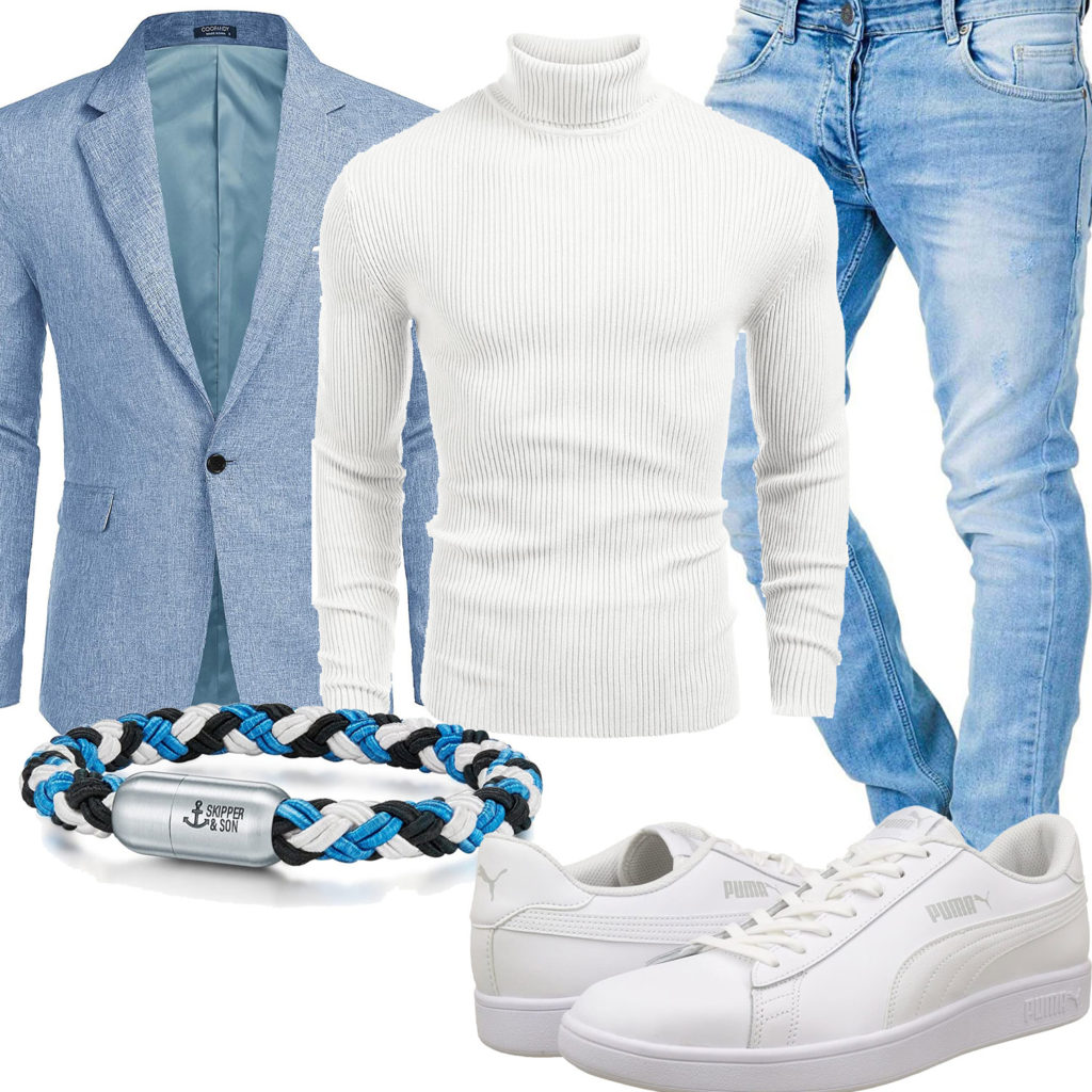 Blau-Weißes Herrenoutfit mit Pullover, Sakko und Pumas