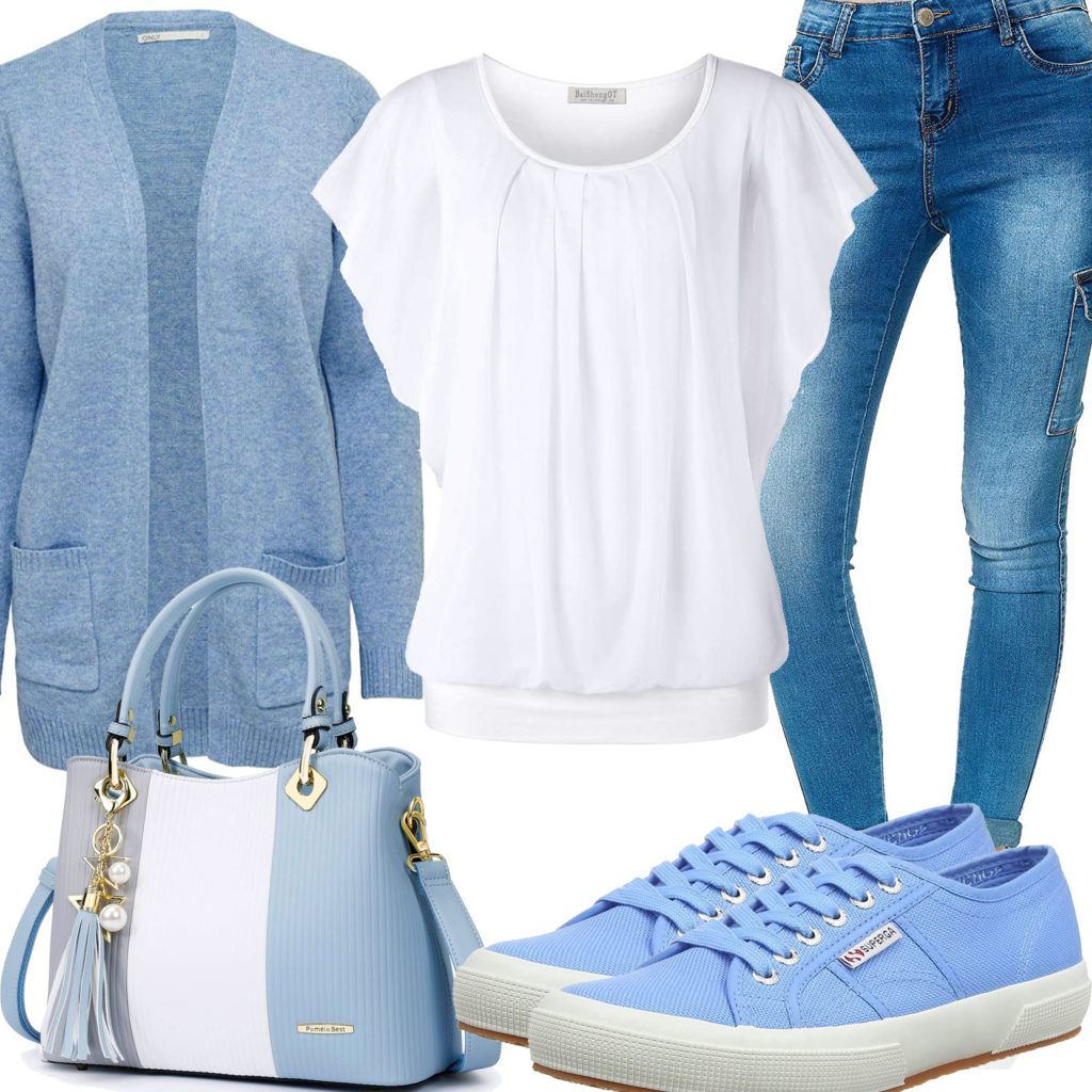 Hellblaues Frauenoutfit mit Strickjacke und Sneakern