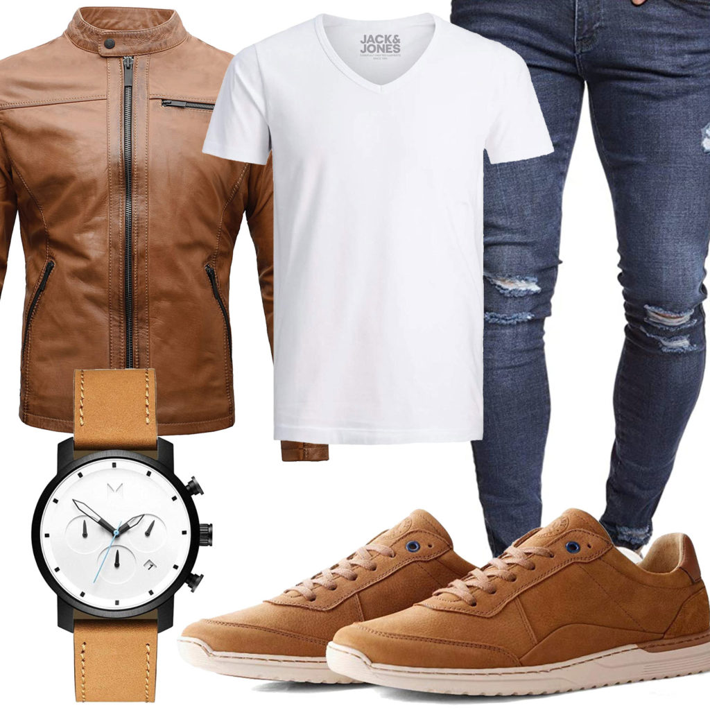 Herren-Style mit hellbrauner Lederjacke, Sneakern und Uhr