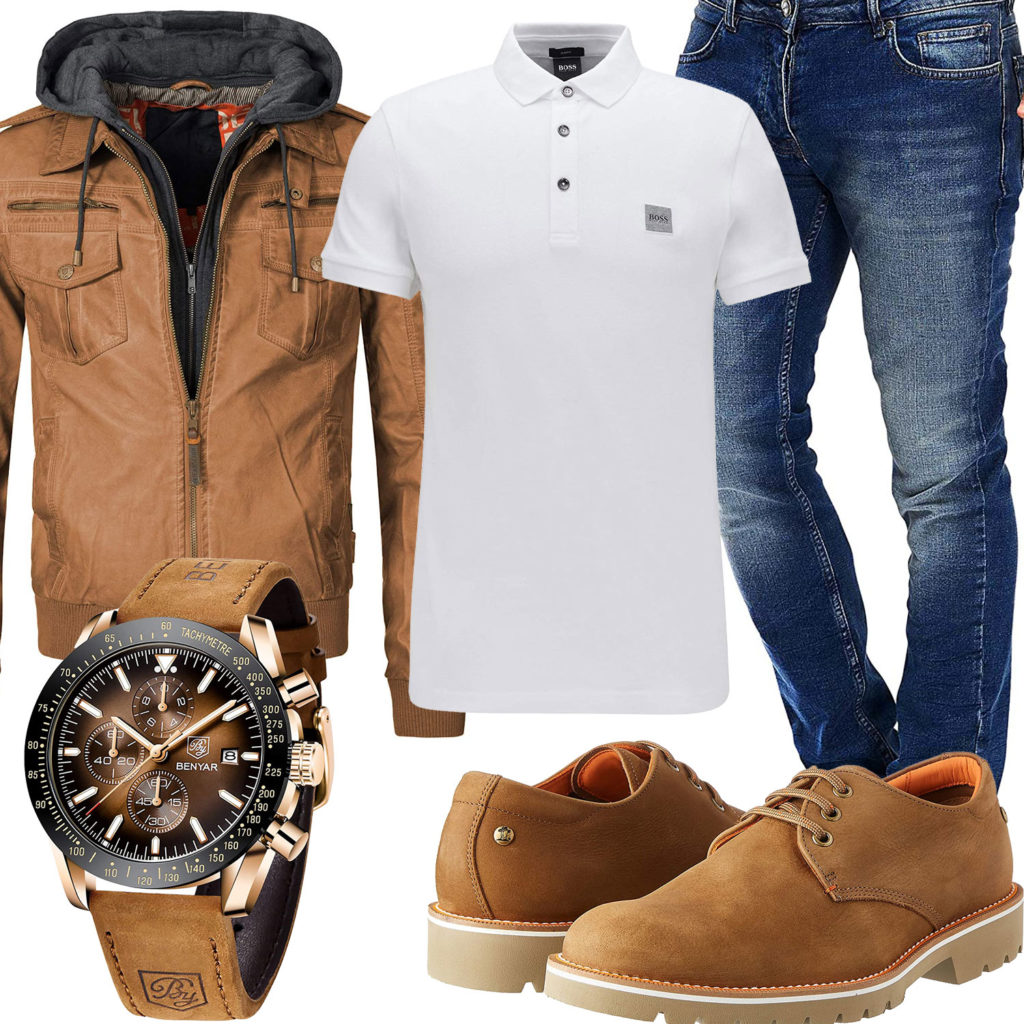 Herren-Style mit hellbrauner Lederjacke und Armbanduhr