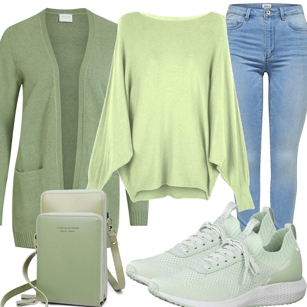 Hellgrünes Damenoutfit mit Strickjacke und Sneakern