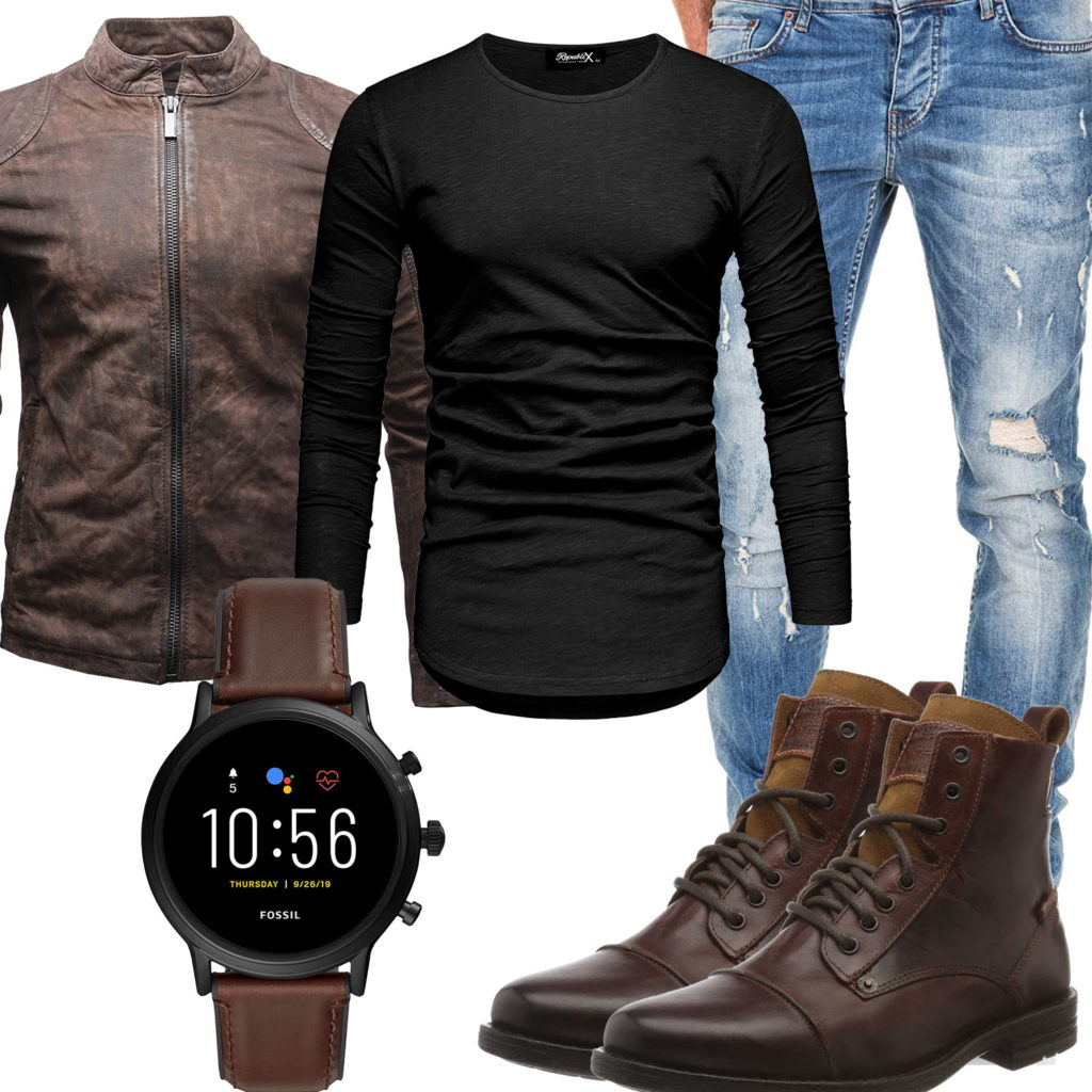 Herrenoutfit mit braunen Stiefeln, Smartwatch und Lederjacke