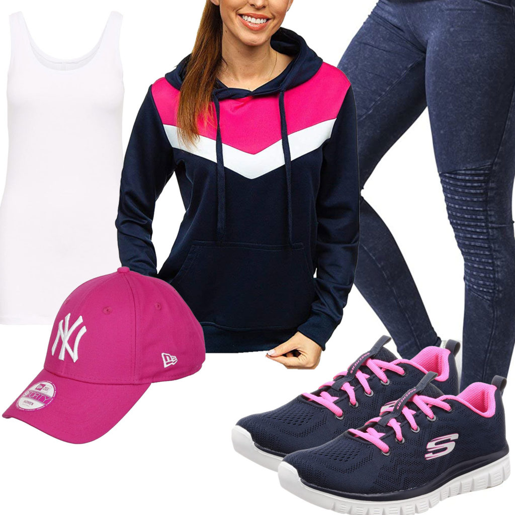 Sportliches Frauenoutfit in Dunkelblau und Pink