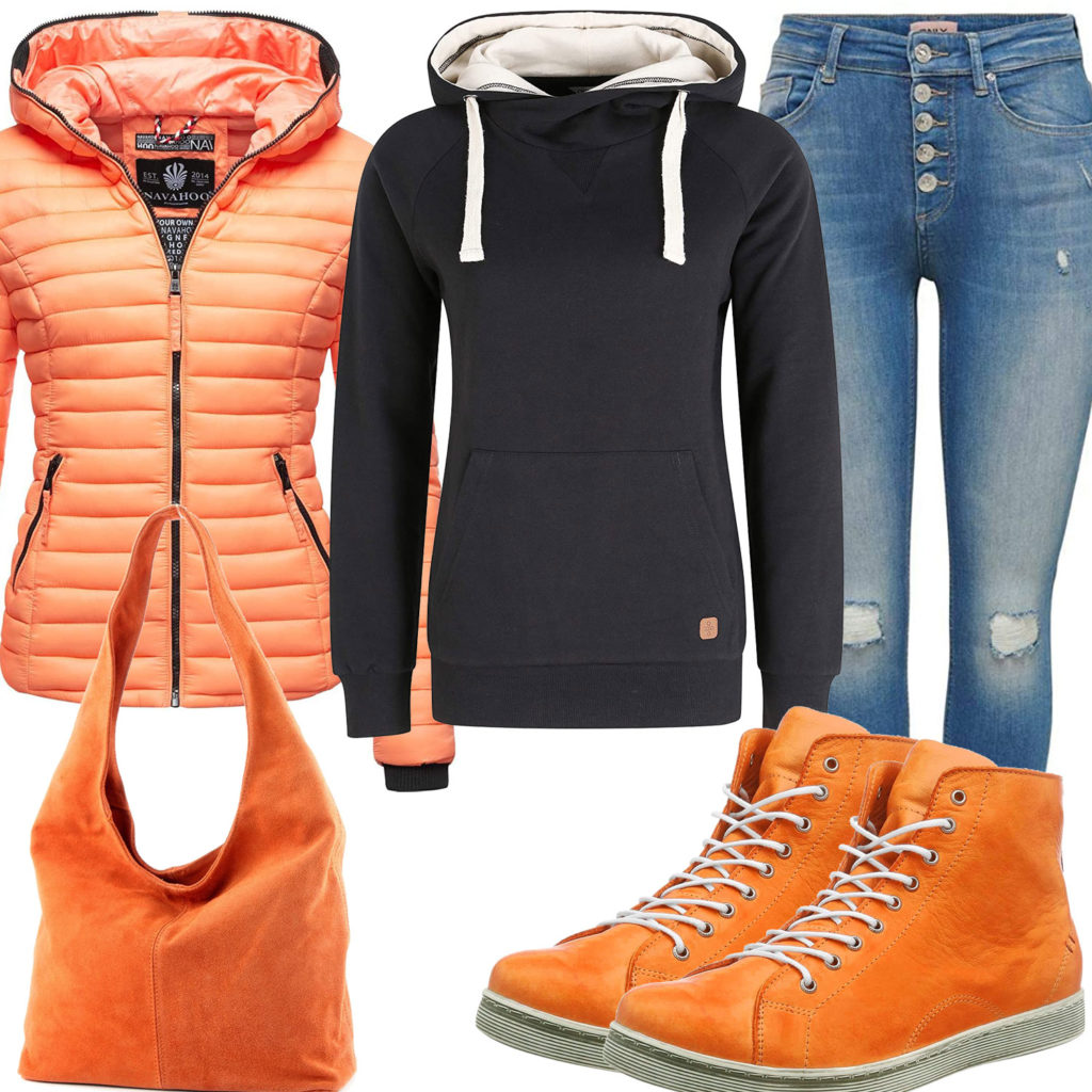Oranges Damenoutfit mit Steppjacke und High-Top-Sneakern