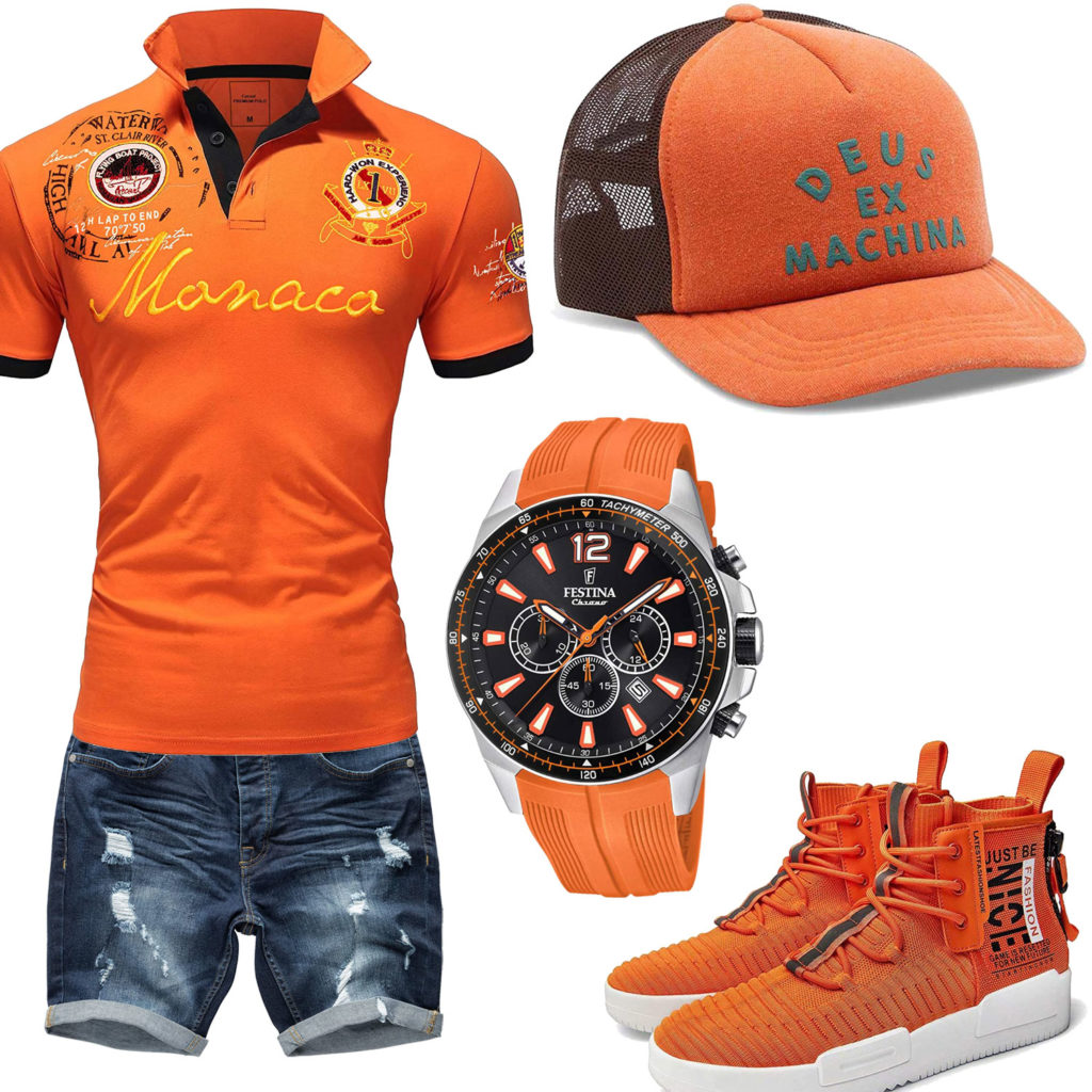Orange Sommer-Herrenoutfit mit Cap und Sneakern