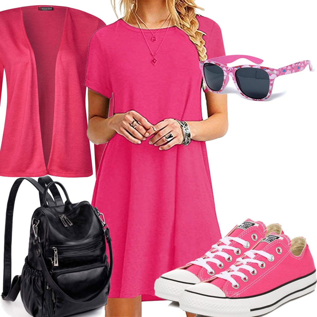 Pinkes Frauenoutfit mit Sommerkleid und Strickjacke