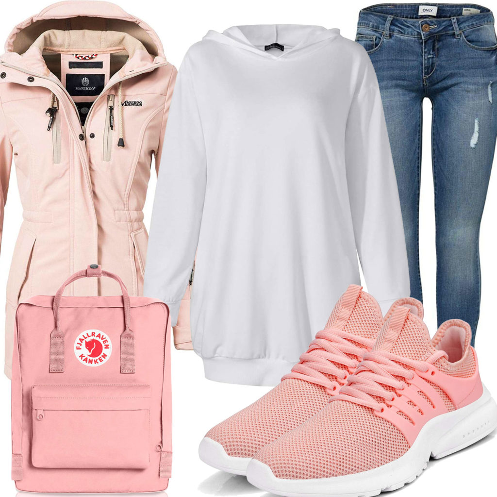 Rosa Style mit Jacke, Rucksack und Sneakern