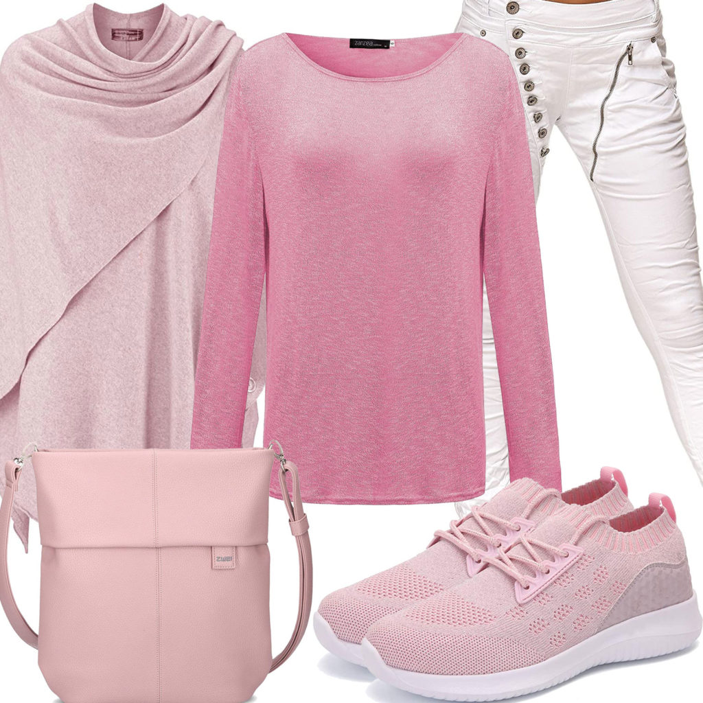Rosa-Weißes Frauenoutfit mit Pullover, Jeans und Poncho