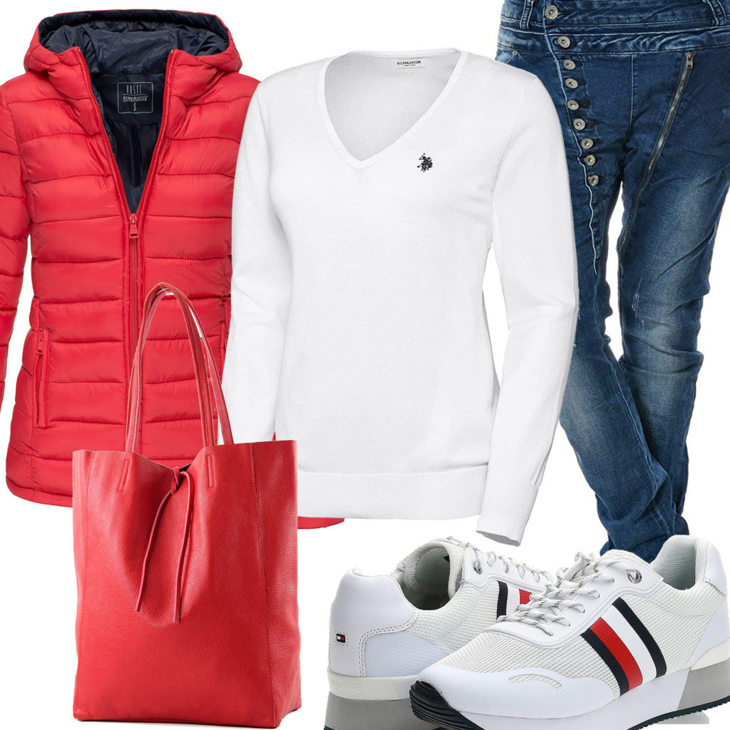 Rot-Weißes Frauenoutfit mit Steppjacke und Tasche