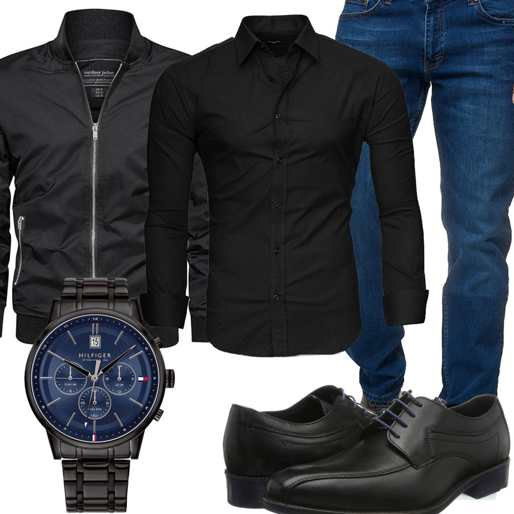 Blau-Schwarzes Herrenoutfit mit Hemd und Blazer