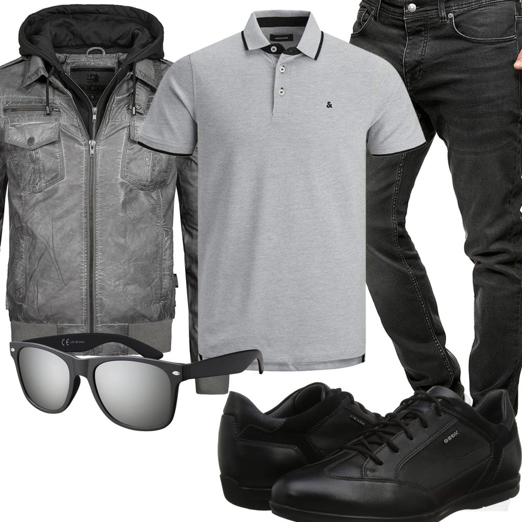 Herren-Style mit grauem Poloshirt und Lederjacke