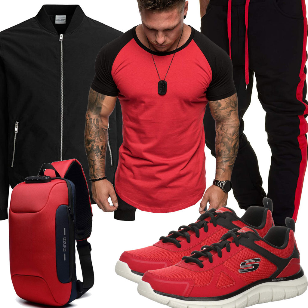 Schwarz-Rotes Herrenoutfit mit Jogginghose und Bomberjacke