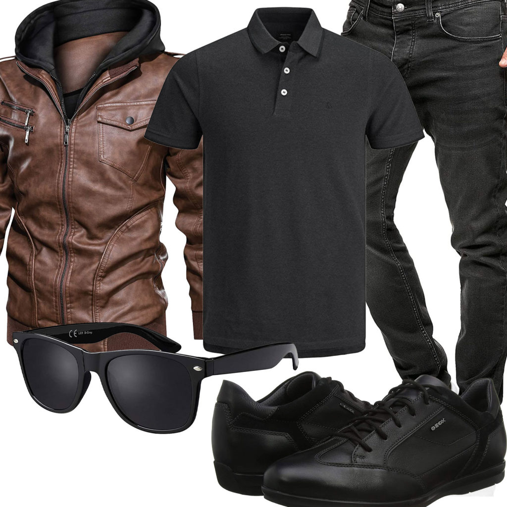 Herrenoutfit mit schwarzem Poloshirt und Jeans