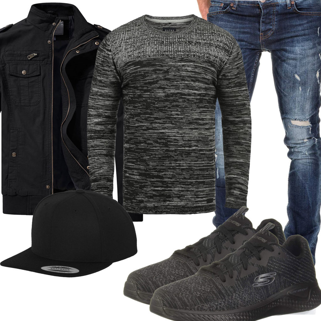 Schwarzer Männer-Style mit Pullover, Cap und Sneakern
