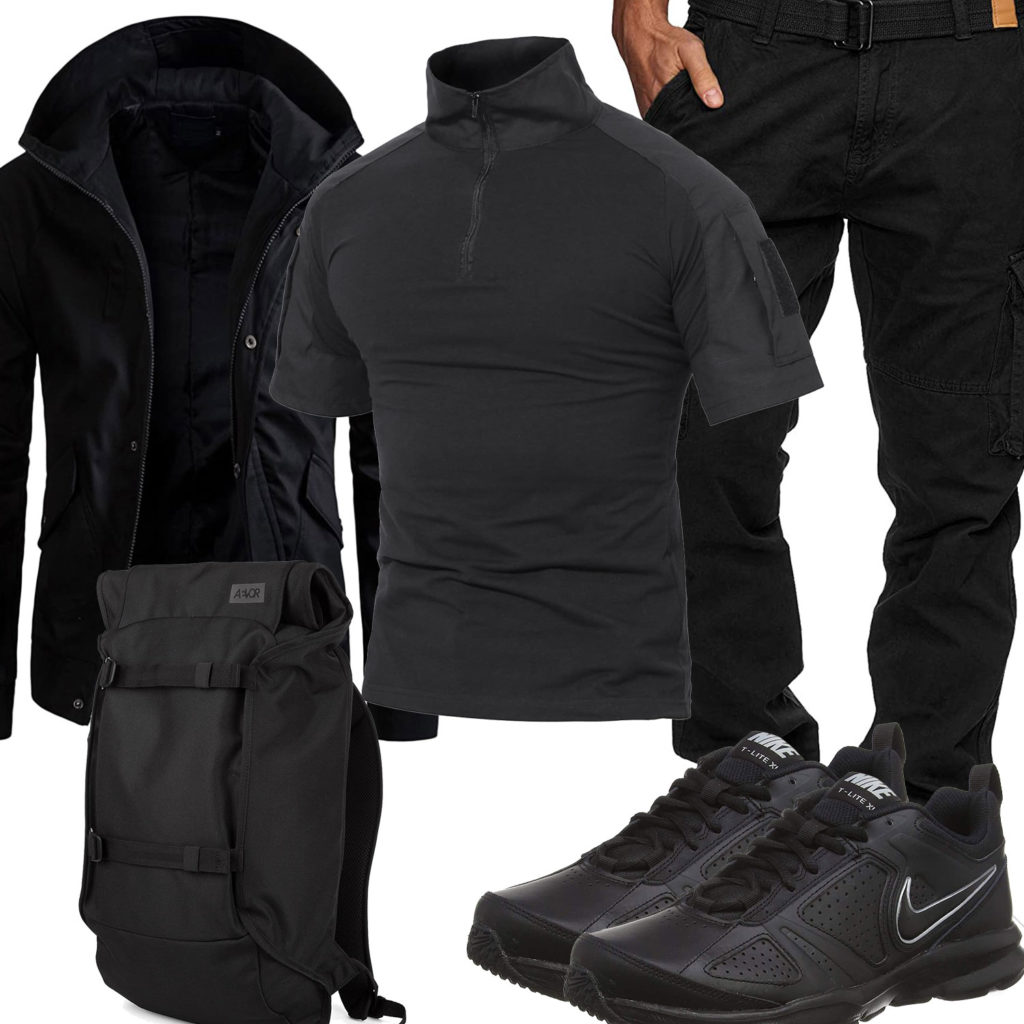 Schwarzes Herrenoutfit mit Nike's und Rucksack