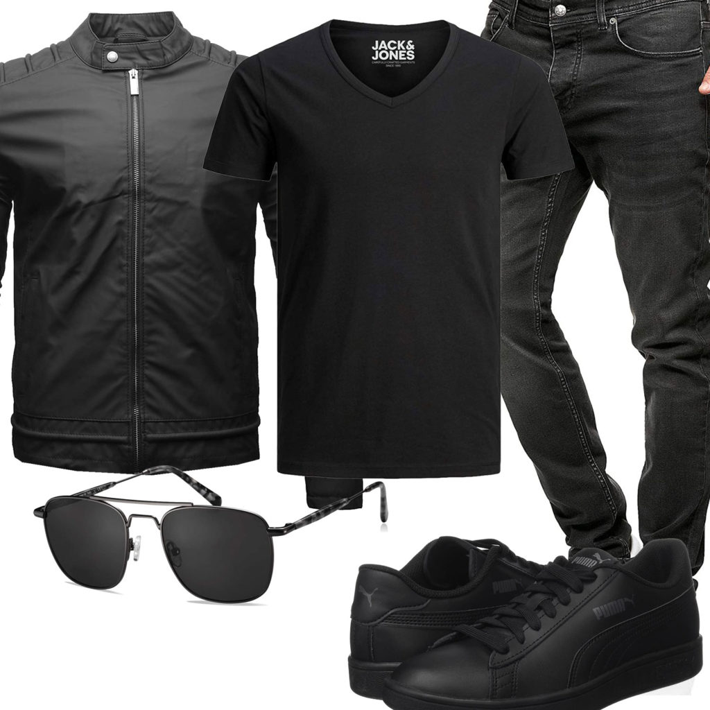 Komplett schwarzes Herrenoutfit mit Lederjacke und Shirt