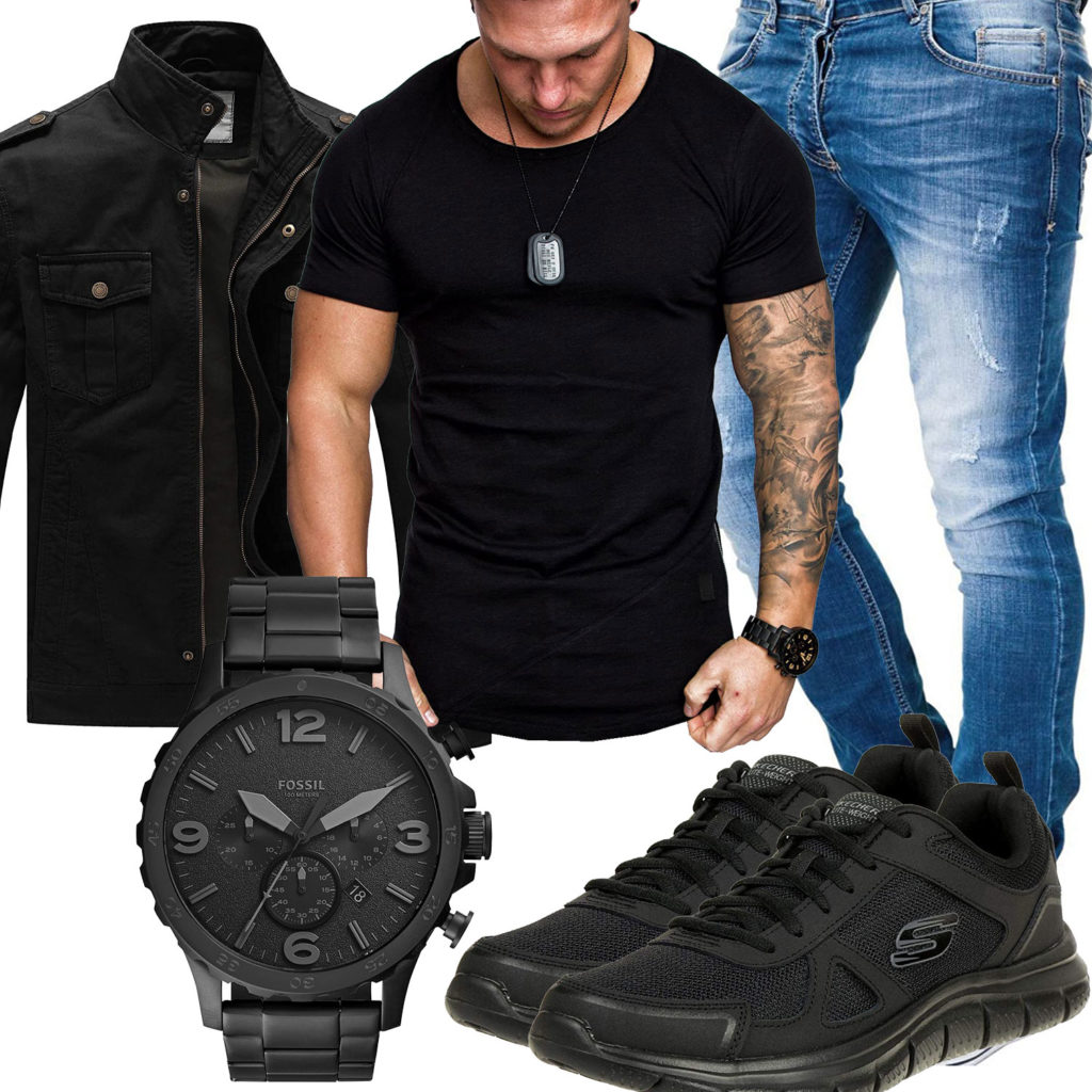 Schwarzes Herrenoutfit mit Sneakern, Shirt und Übergangsjacke