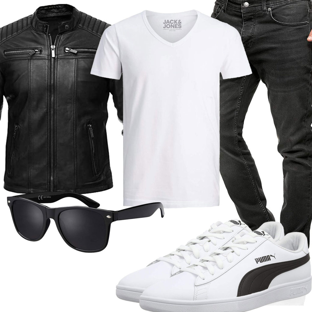 Schwarz-Weißes Herrenoutfit mit Lederjacke und Sneakern