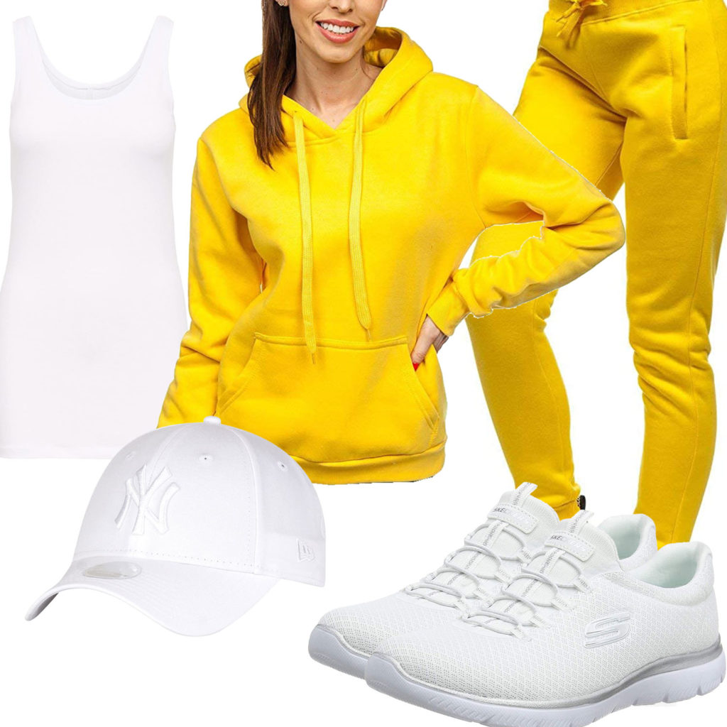 Sportliches Frauenoutfit mit gelbem Hoodie und Jogginghose
