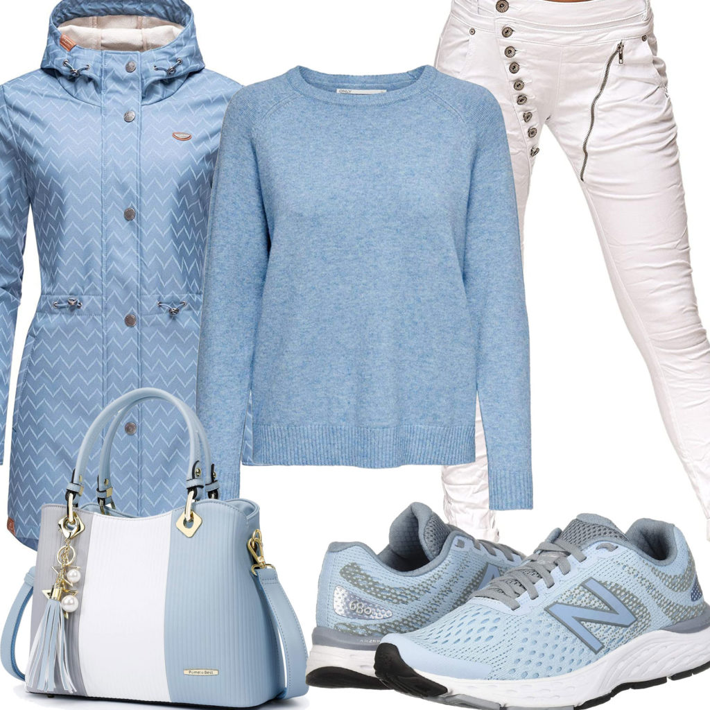 Frühlings-Frauenoutfit in Weiß, Hellblau und Hellgrau