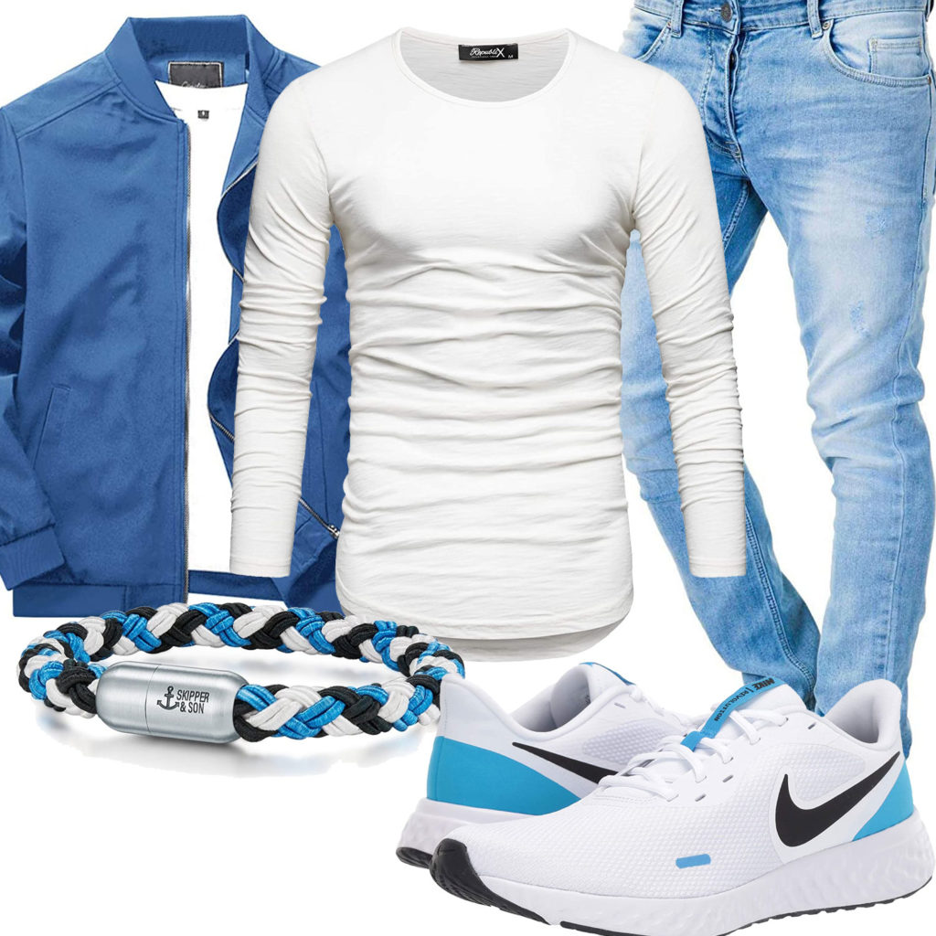 Blau-Weißes Herrenoutfit mit Longsleeve und Nike's
