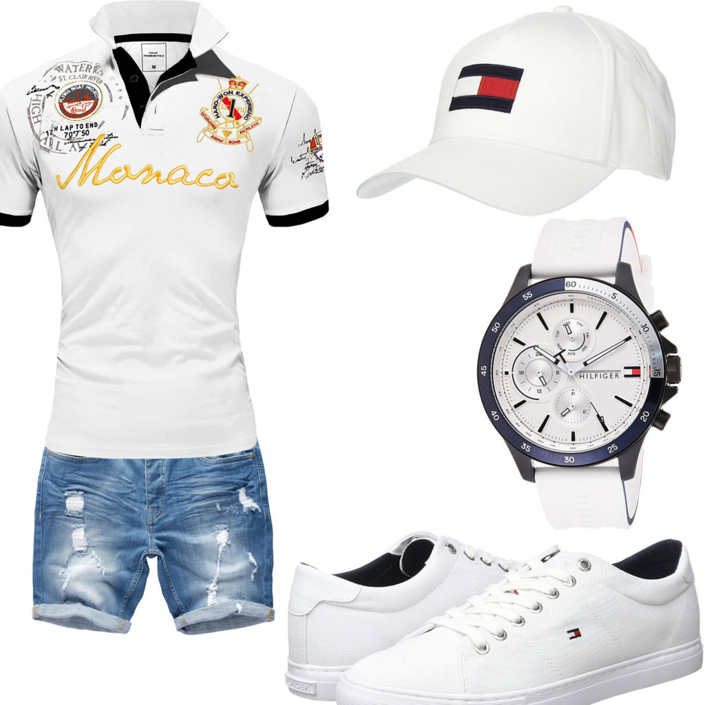 Weißes Sommer-Herrenoutfit mit Poloshirt und Cap