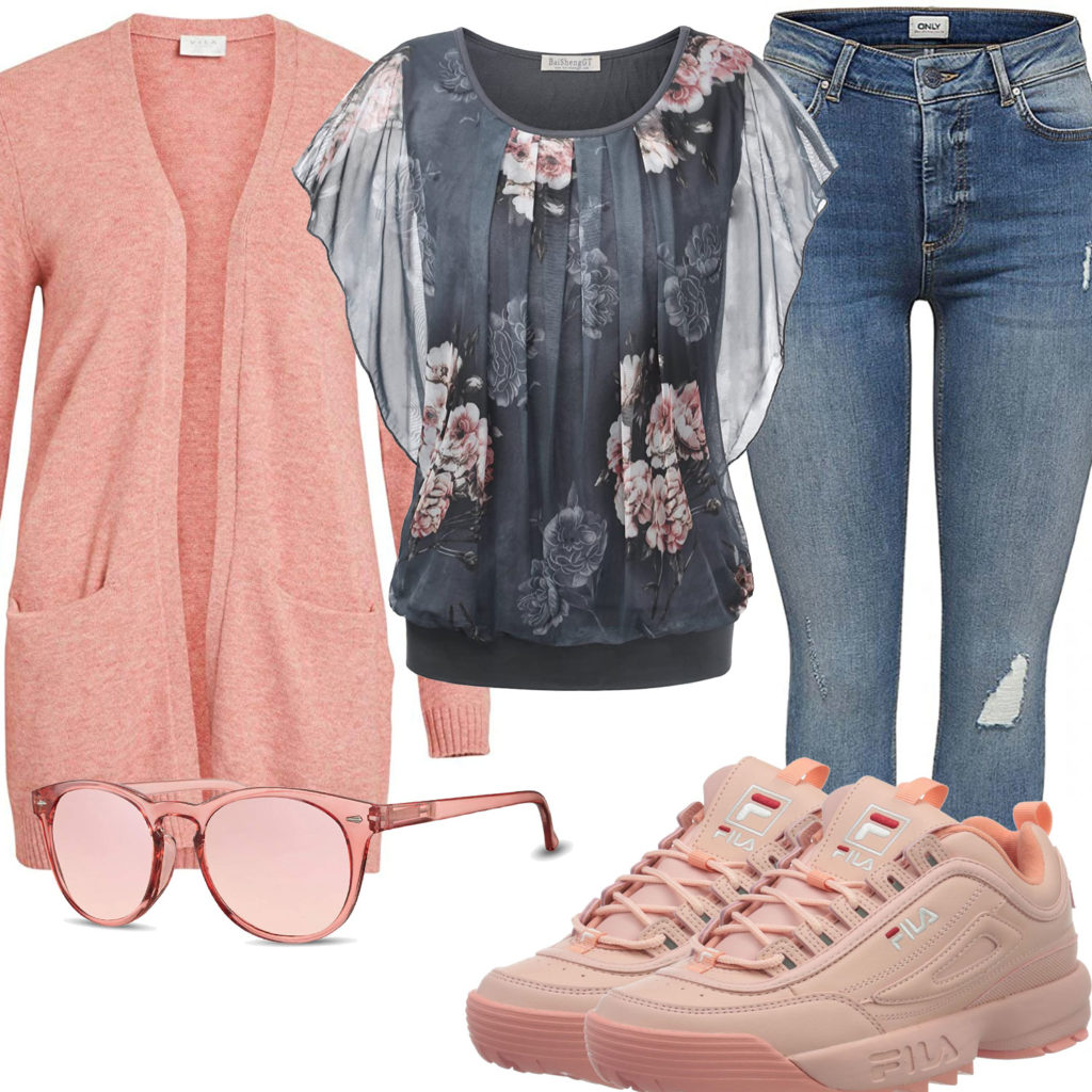 Frühlings-Frauenoutfit mit oranger Strickjacke und Sneakern