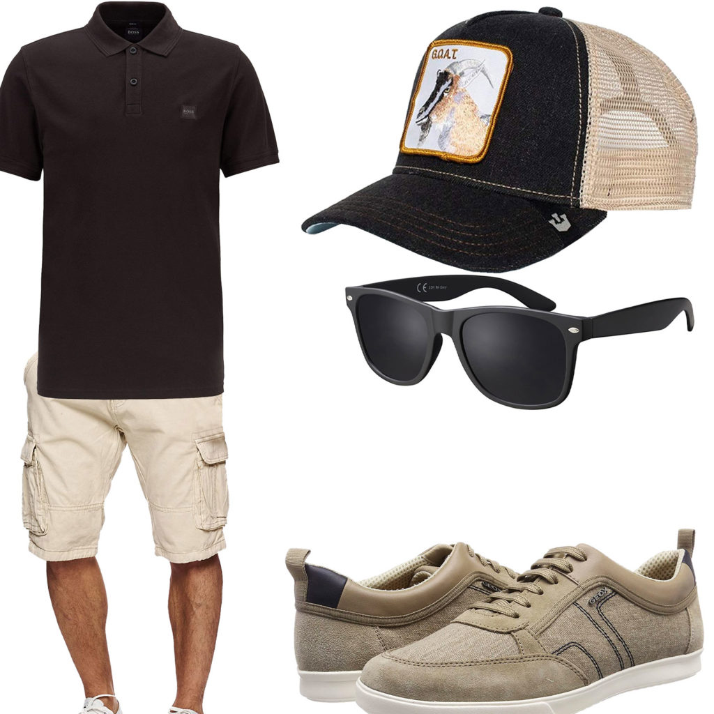 Sommer-Herrenoutfit mit schwarzem Poloshirt und Brille