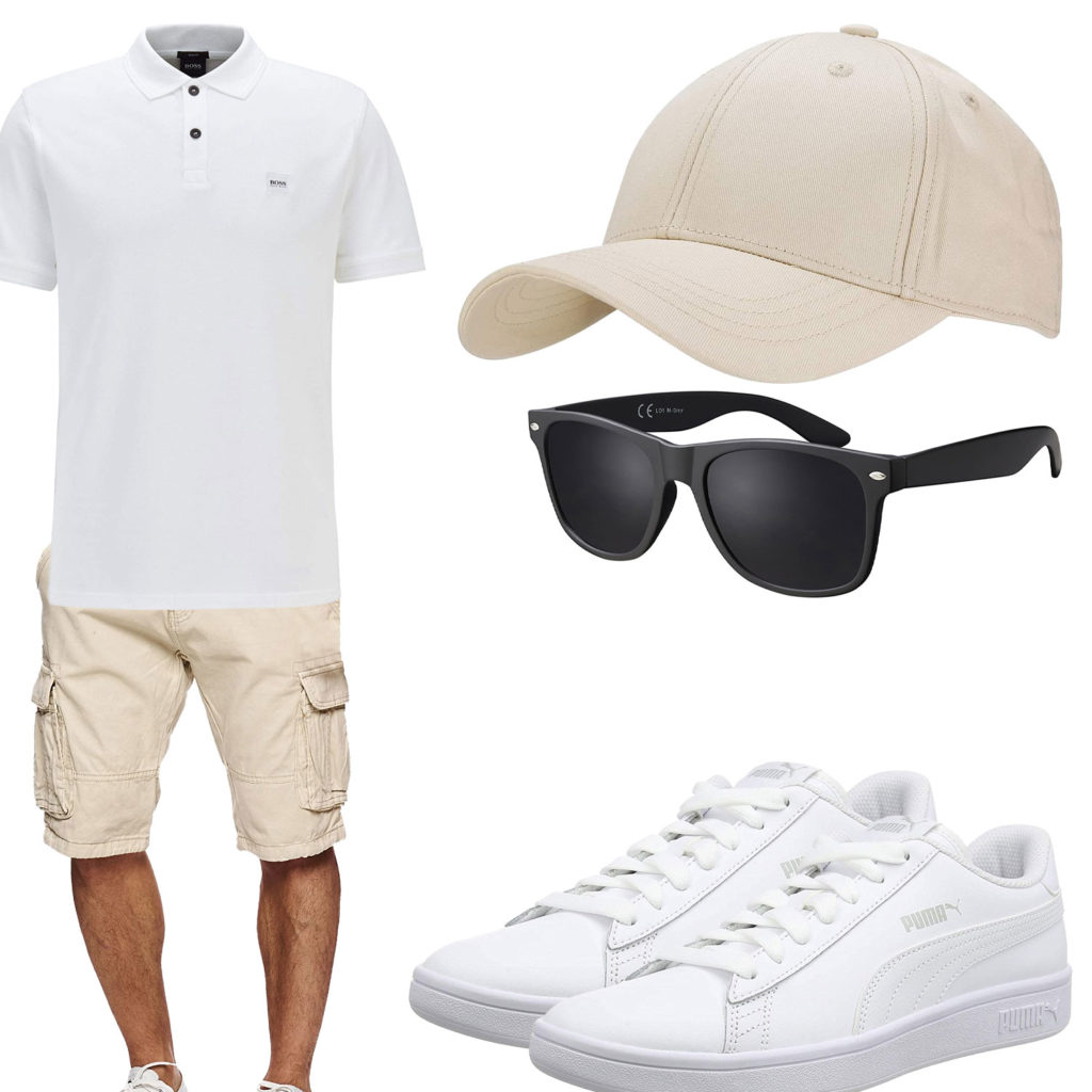 Beige-Weißes Herrenoutfit mit Cap und Brille