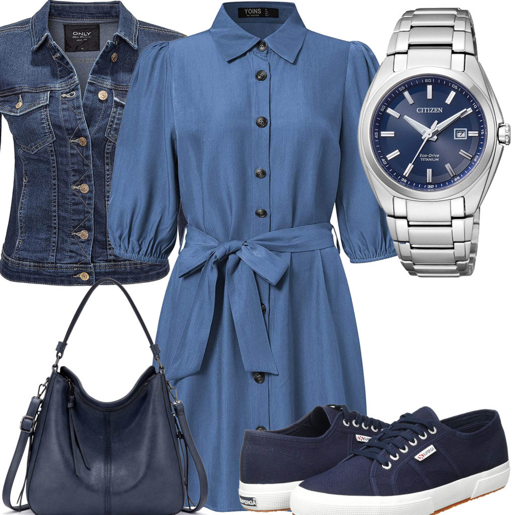 Blaues Frauenoutfit mit Kleid, Jeansjacke und Uhr