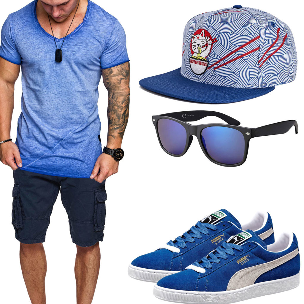 Blaues Herrenoutfit mit Shirt, Shorts und Cap