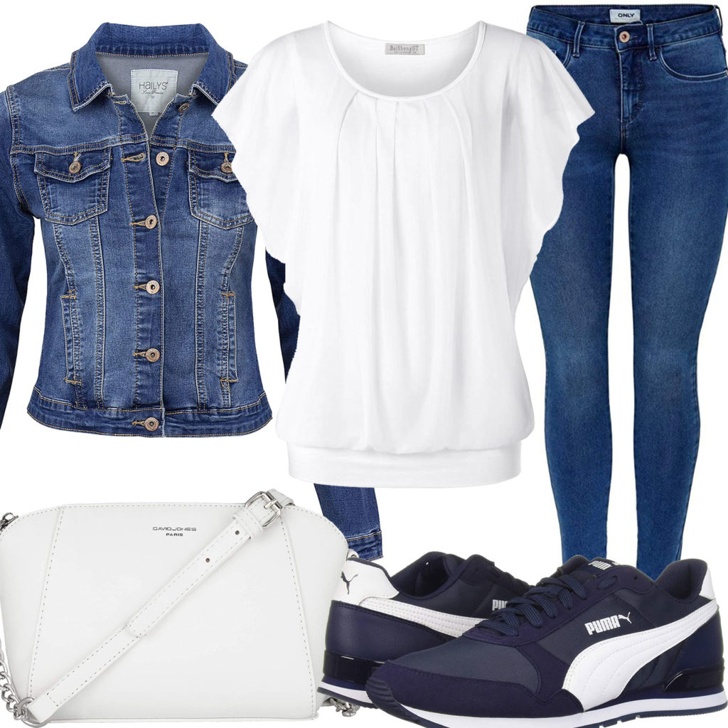 Blau-Weißes Frühlings-Frauenoutfit mit Bluse und Jeansjacke