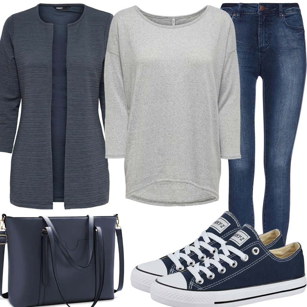 Blau-Graues Frauenoutfit mit Strickjacke und Sneakern