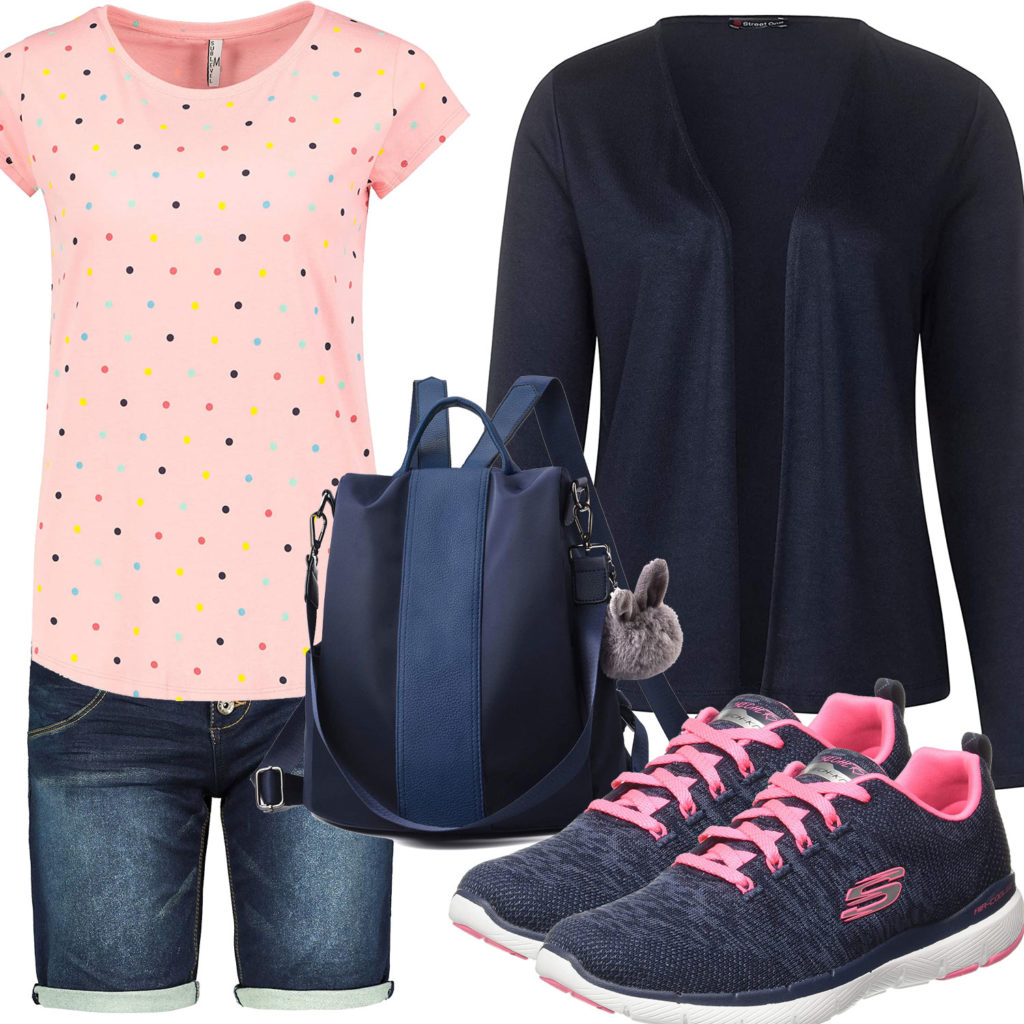 Sommer-Frauenoutfit in Navyblau und Rosa