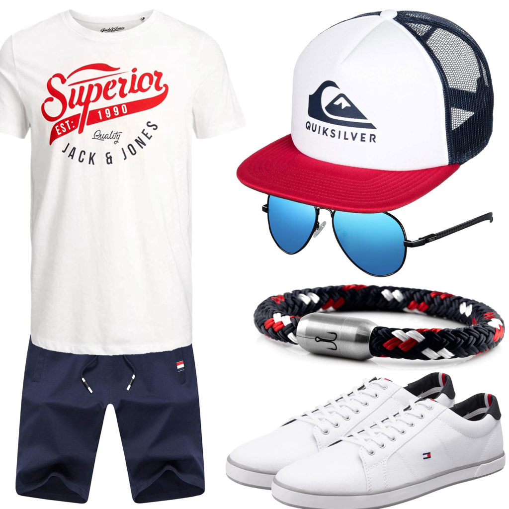 Blau-Weißes Herrenoutfit mit Shirt, Shorts und Cap