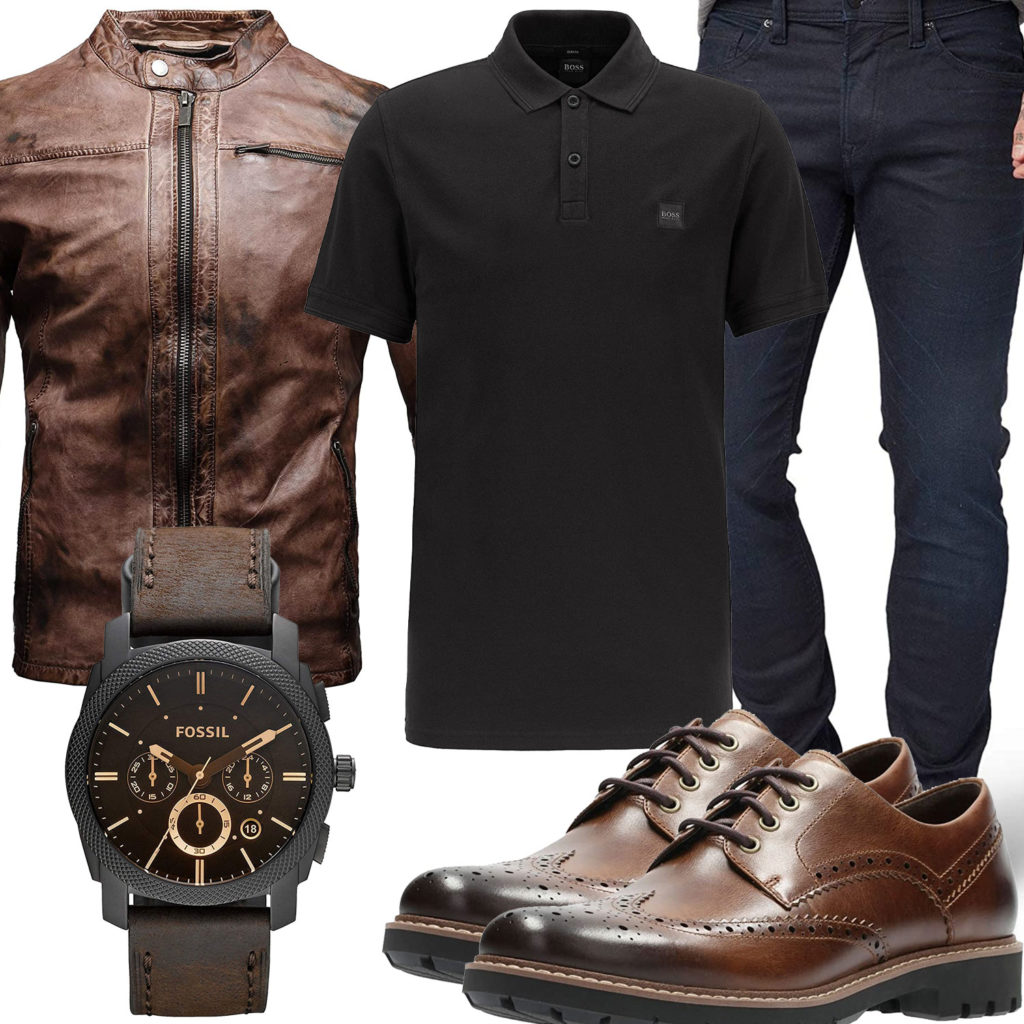 Herren-Style mit brauner Lederjacke und Schuhen