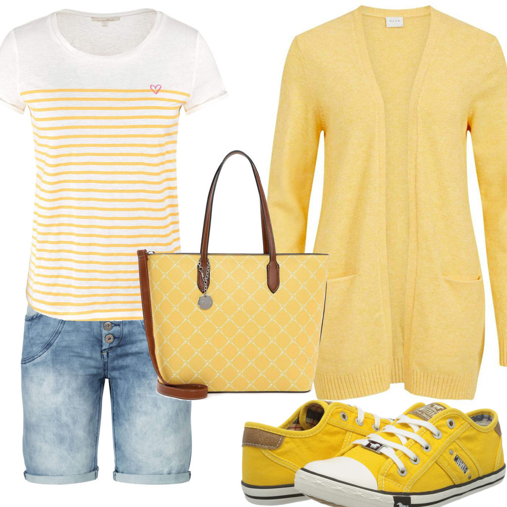 Gelbes Frauenoutfit mit Strickjacke und Tasche
