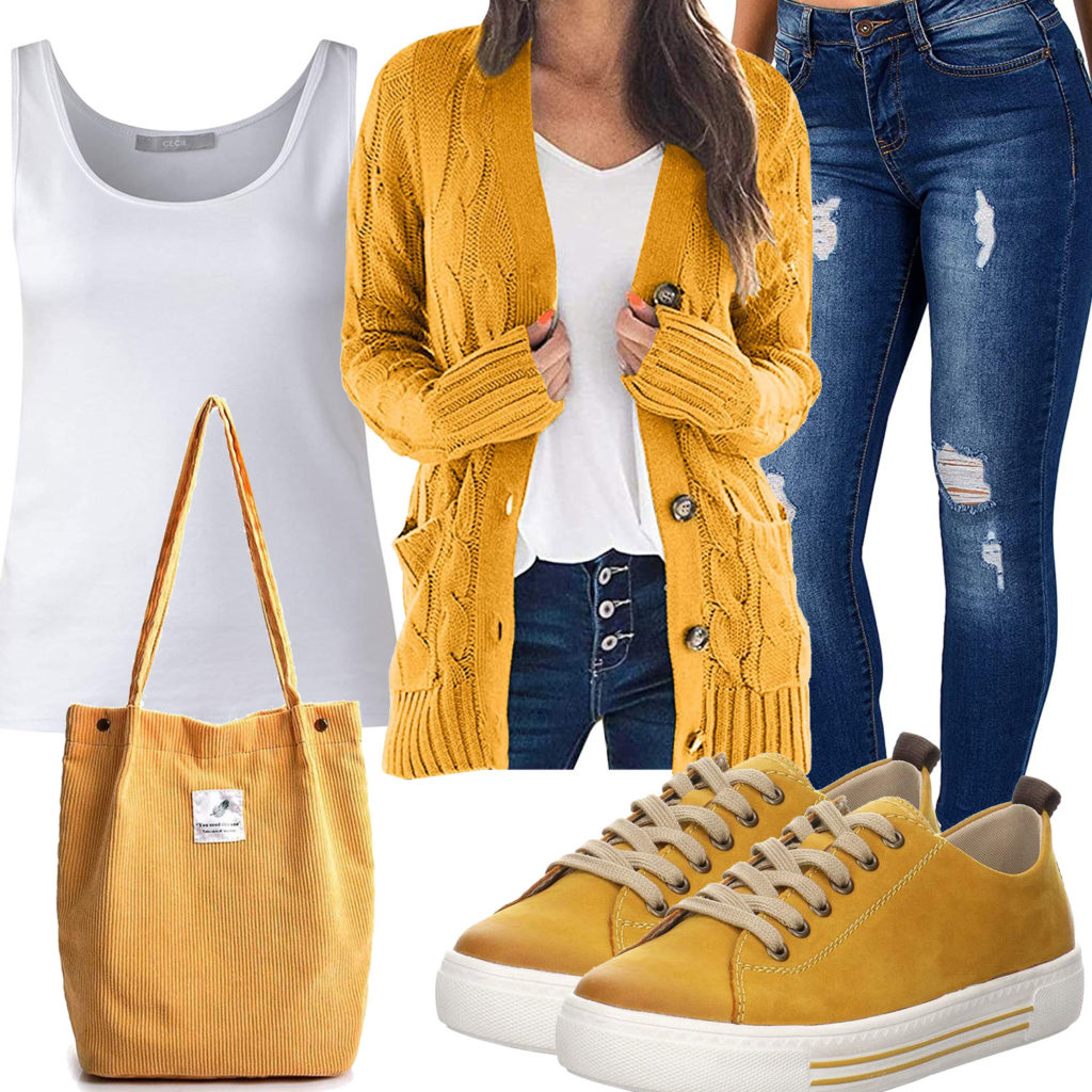 Frühlings-Frauenoutfit mit gelber Strickjacke, Sneakern und Tasche