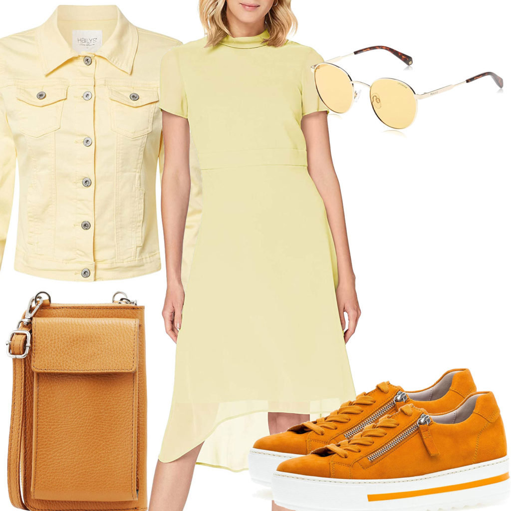 Gelb-Oranges Frauenoutfit mit Kleid und Jeansjacke