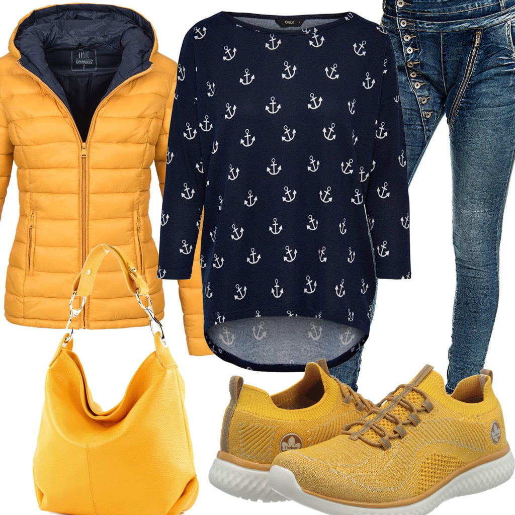 Gelb-Blaues Frauenoutfit mit Steppjacke und Sneakern