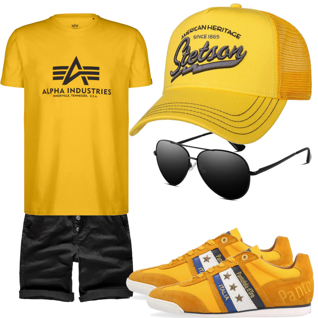 Schwarz-Gelbes Herrenoutfit mit Shirt und Shorts