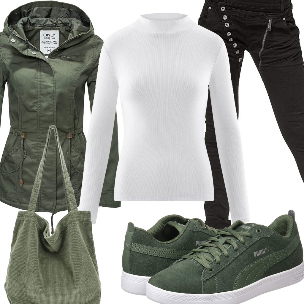 Grünes Frauenoutfit mit Jacke, Sneakern und Tasche
