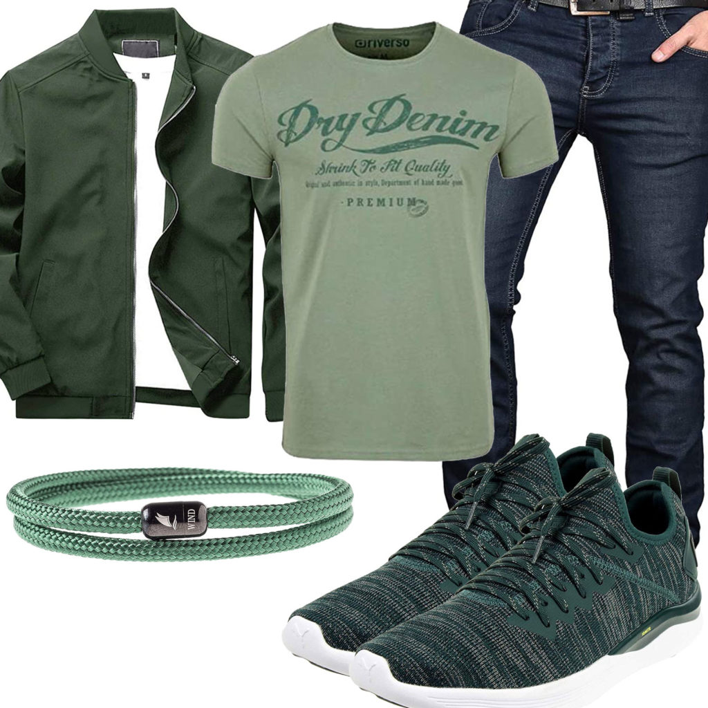 Grünes Herrenoutfit mit Jacke, Armband und Puma's
