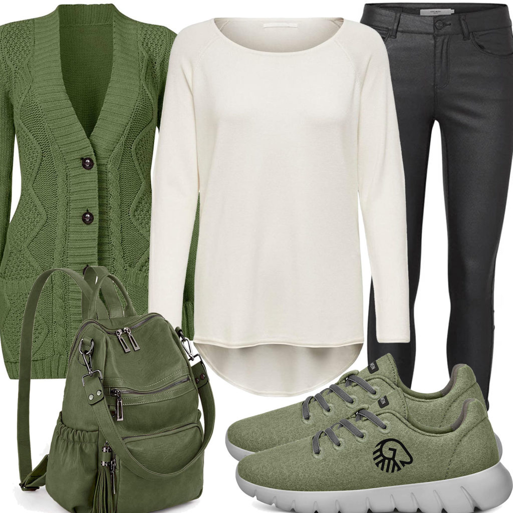 Frühlings-Style mit grüner Strickjacke und Sneakern