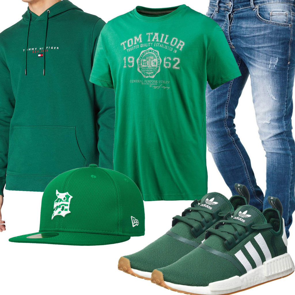 Grünes Herrenoutfit mit Shirt, Cap und Sneakern