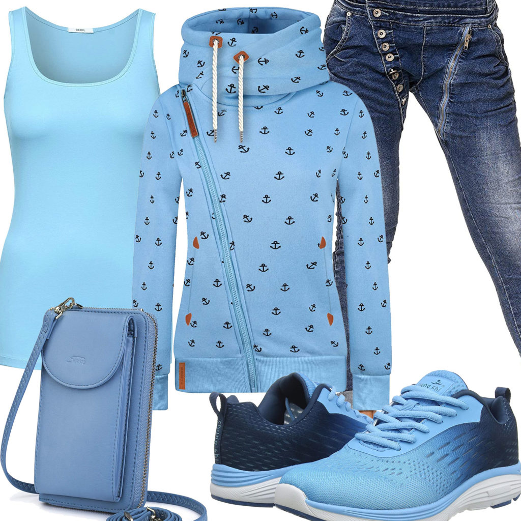 Hellblaues Frauenoutfit mit Hoodie, Sneakern und Tasche